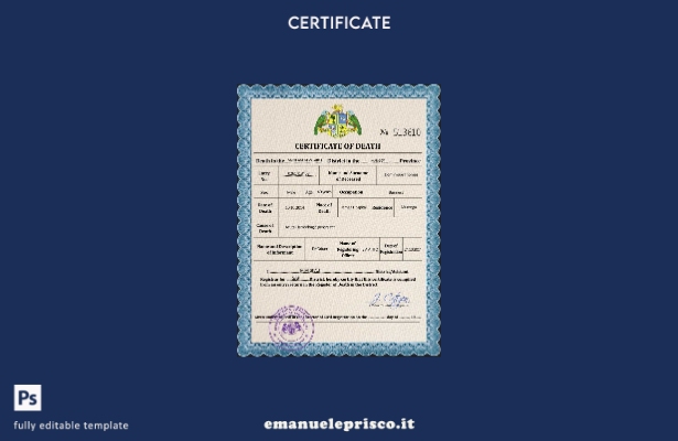 modello PSD del certificato di morte dei documenti vitali della Dominica in stil